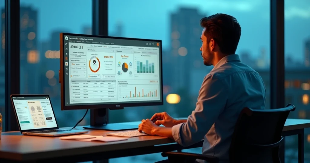 Gestor analisando painel de NF-e integrado ao ERP em escritório moderno