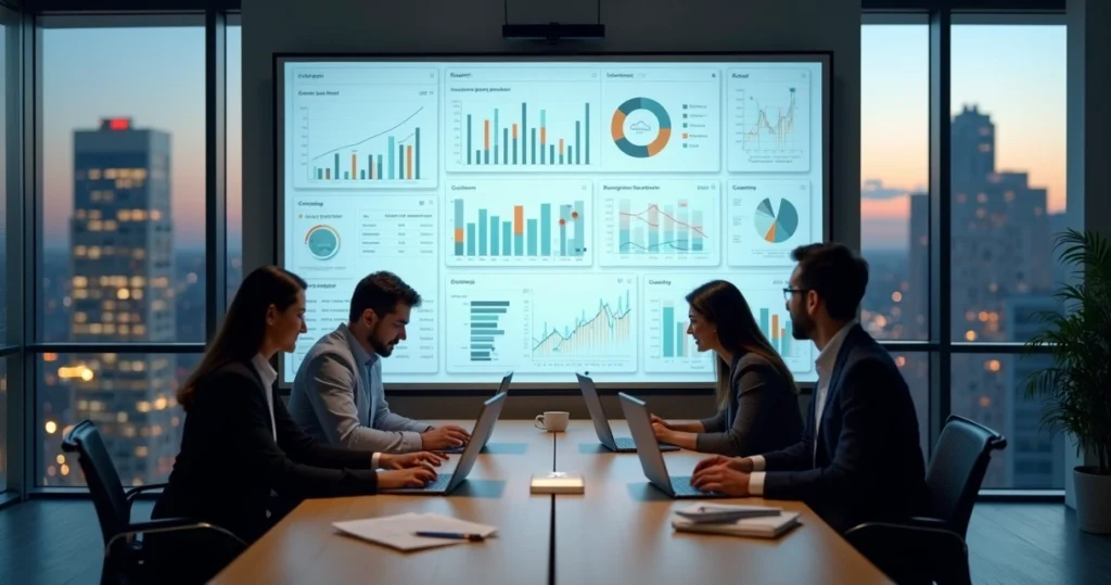 Dashboard de software ERP em tela gigante em escritório moderno