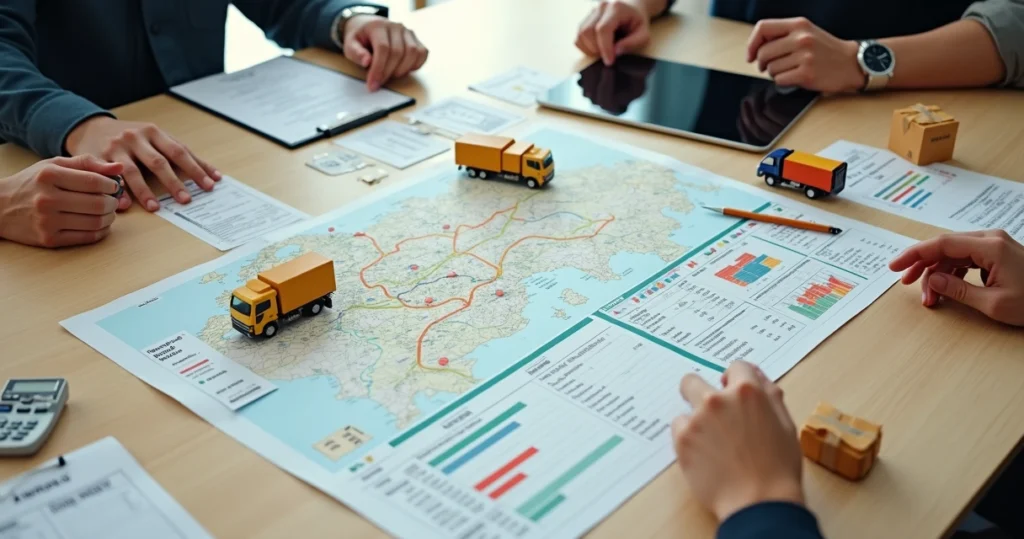 Mesa de planejamento com mapa logístico e tablet mostrando gestão de distribuidora de alimentos
