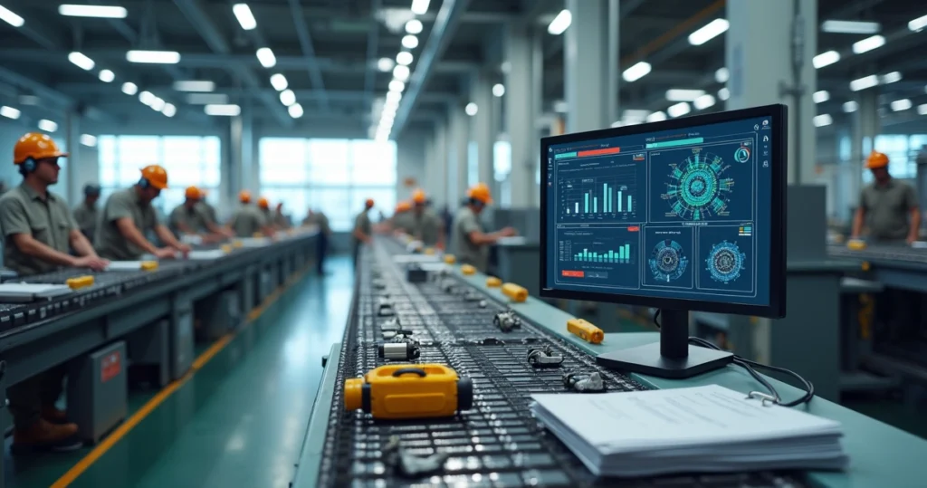 Linha de produção industrial com peças organizadas e painel digital destacando indicadores