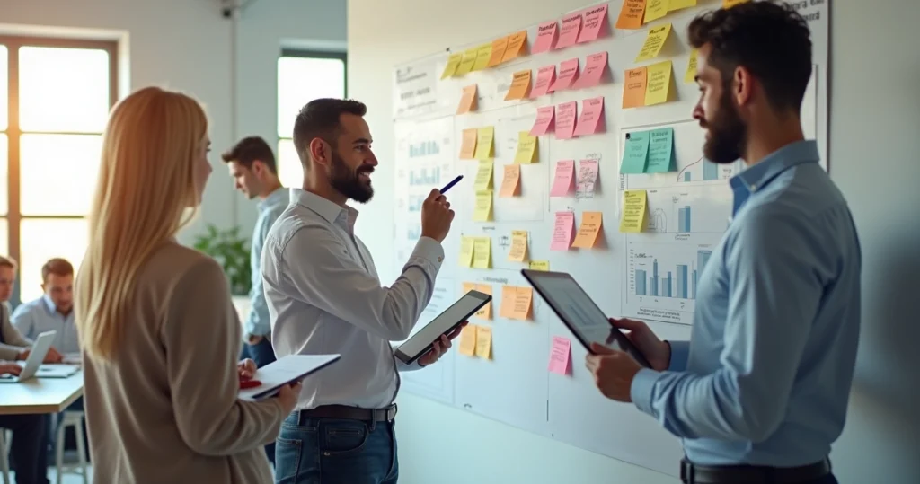 Fluxo de trabalho organizado com equipe colaborando em painel visual
