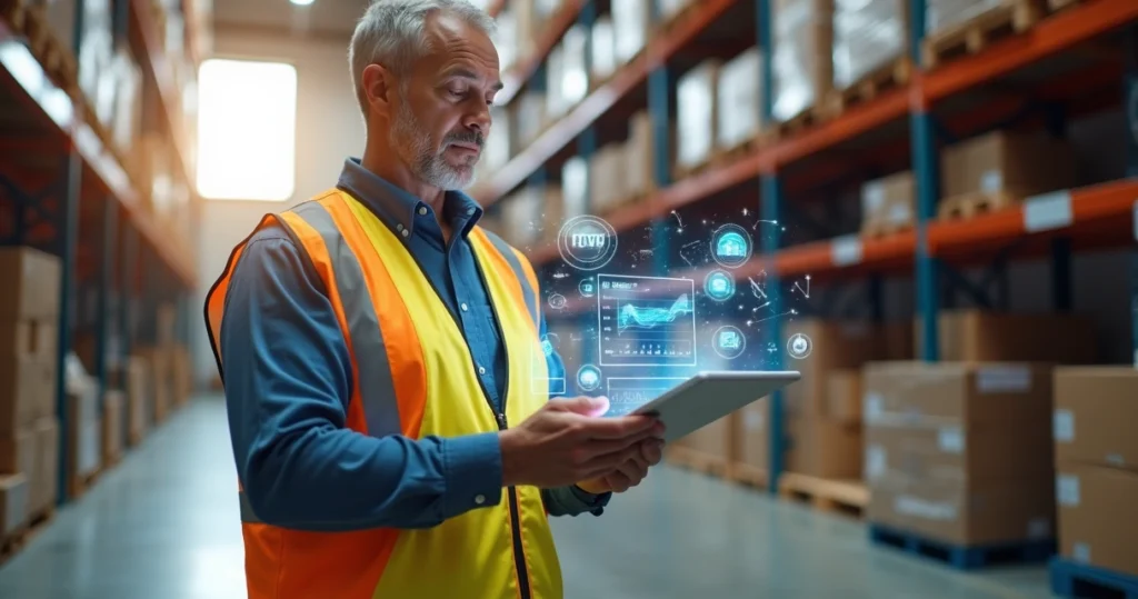 Representante de vendas em galpão industrial analisando painel de ERP em tablet