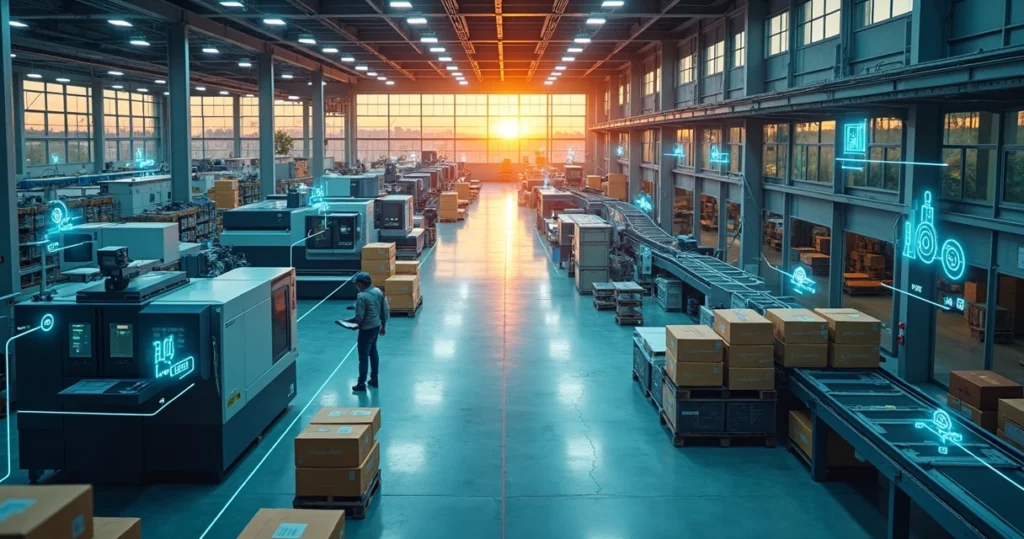 Linha de produção industrial vista de cima com elementos digitais conectando máquinas e setores