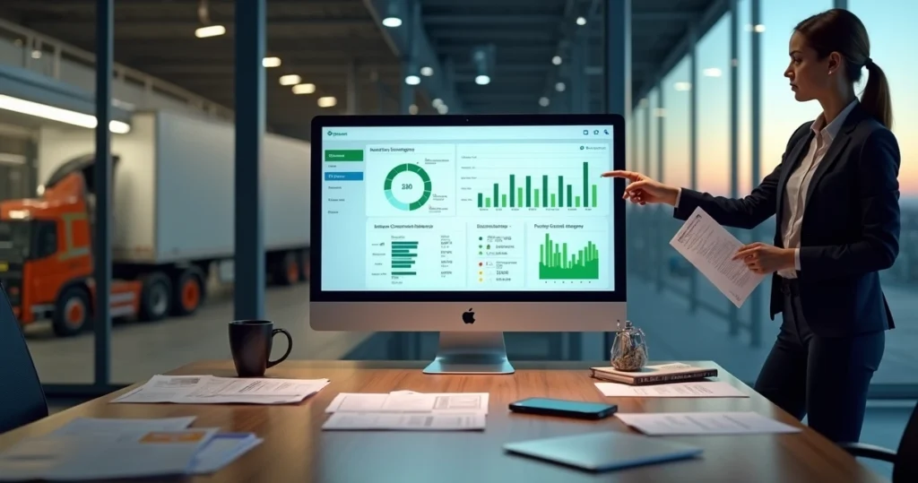 Gestora analisando controle digital de distribuidora com painel integrado