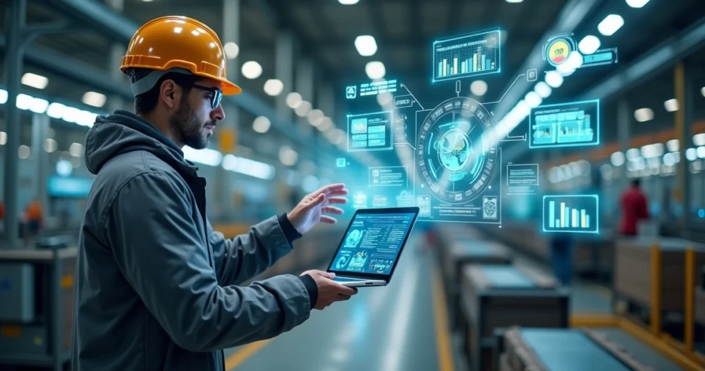 Engenheiro em fábrica observando hologramas digitais que integram produção e finanças