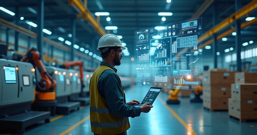 Engenheiro industrial analisando painéis digitais entre máquinas conectadas