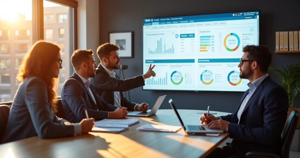 Equipe de gestão reunida em sala moderna analisando sistema ERP em tela ampla