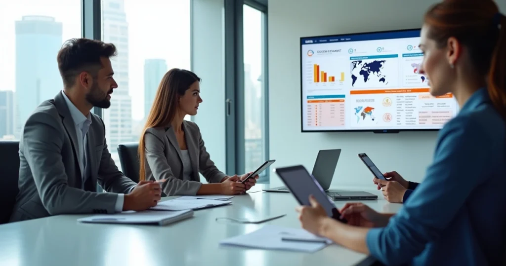 Equipe de vendas externas usando tablets integrados ao ERP