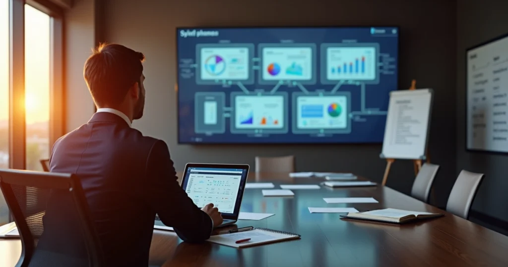 Gestor analisando sistema de gestão empresarial em tela grande com módulos integrados
