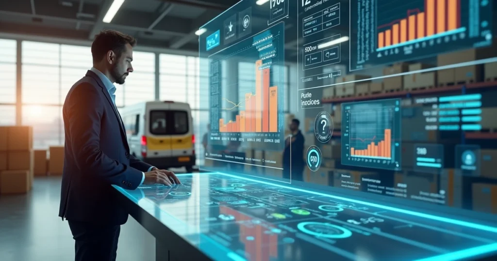 Gestor de distribuidora analisando painel digital integrado de gestão