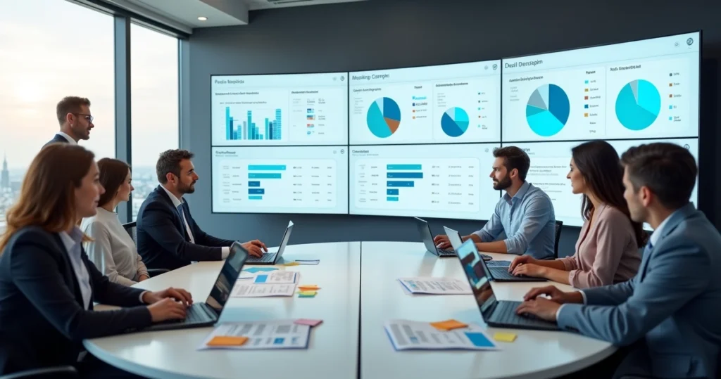 Gestores reunidos em mesa redonda analisando opções de software ERP em grandes telas