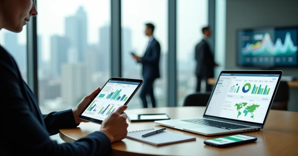 Representante comercial usando aplicativo de CRM no tablet ao lado do notebook com painéis de vendas