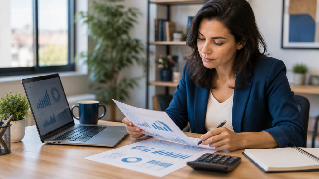 Empreendedora revisa documentos financeiros e indicadores para planejar o negócio