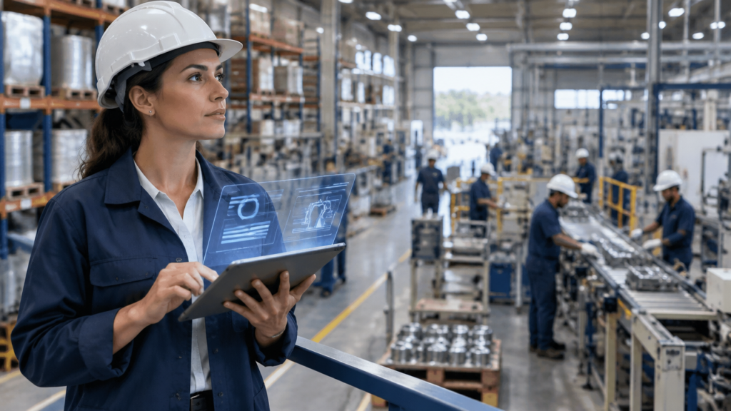 Gestora acompanha a produção em uma fábrica organizada usando um tablet