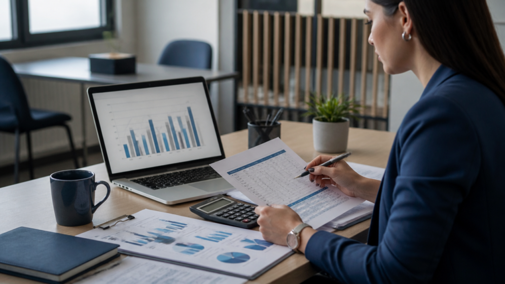 Gestora analisando planilhas e gráficos de entradas e saídas em uma mesa de escritório.