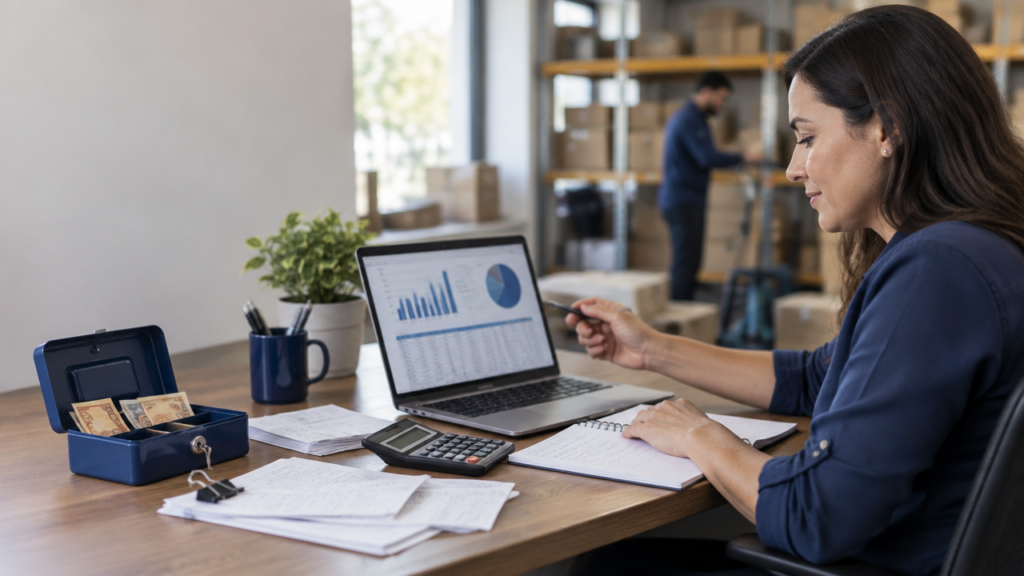 Gestora confere o caixa da empresa em um notebook, com calculadora e registros financeiros sobre a mesa.