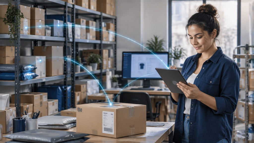 Gestora conferindo pedidos em tablet em uma expedição organizada, representando a integração entre ERP e e-commerce.