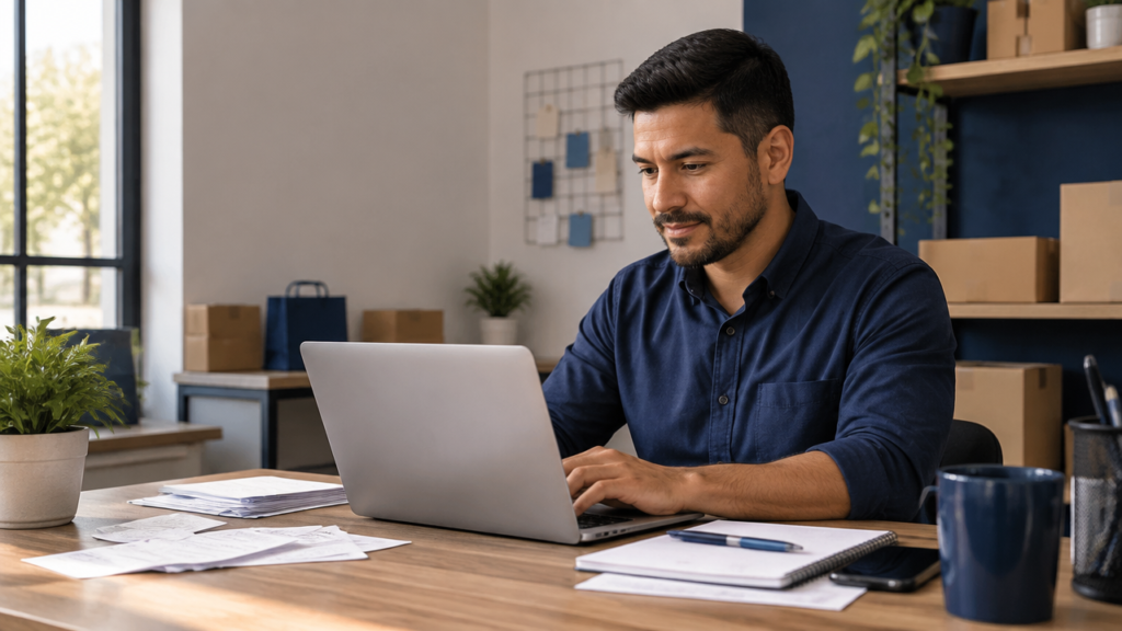 Microempreendedor usando um laptop para cuidar de tarefas digitais e fiscais em seu pequeno negócio