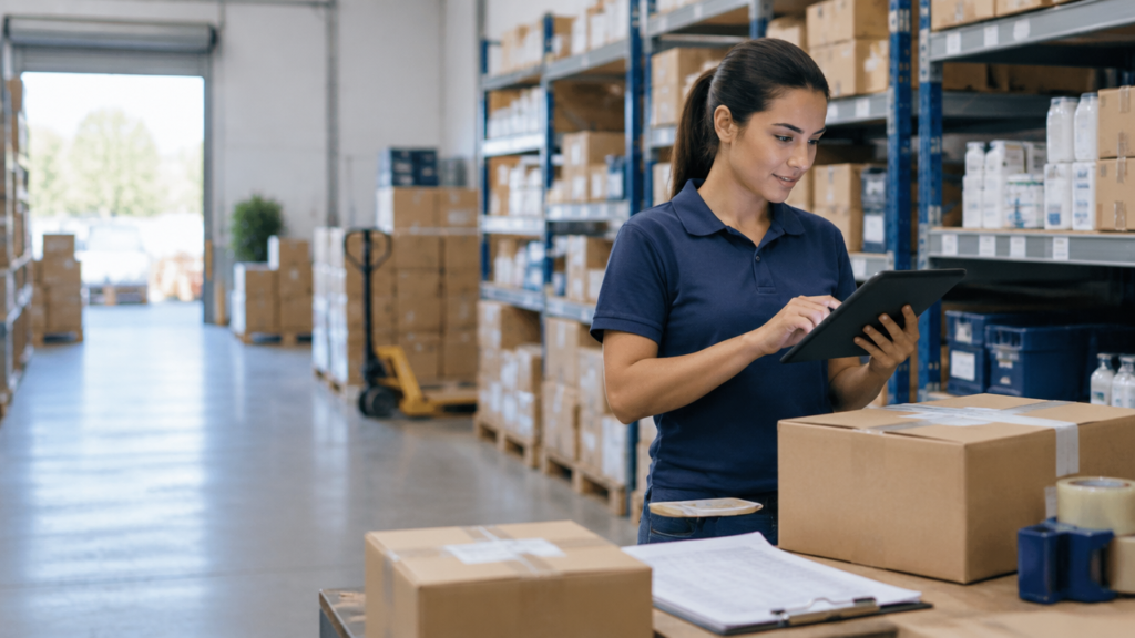 Responsável pelo estoque conferindo produtos organizados em prateleiras com um tablet.